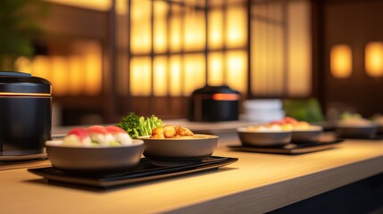 Elegant dining setup featuring Asian cuisine with vibrant dishes in a warm, inviting restaurant ambiance