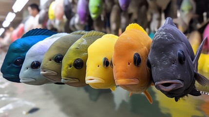 Vibrant collection of colorful fish displayed in a retail environment