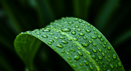Emerald Dewdrops: Close-Up of a Leaf with Rain, Nature's Freshness, Greenery & Serenity