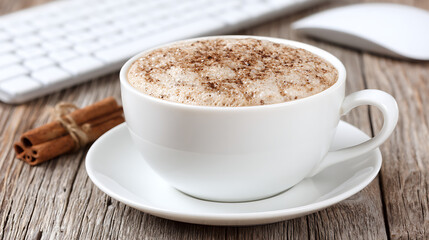 A white coffee cup with a cinnamon stick on top of it