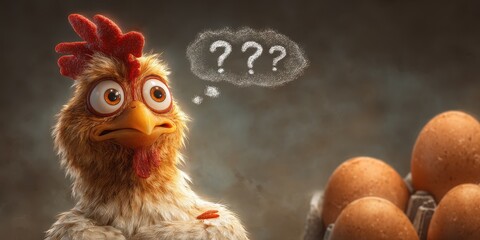A perplexed cartoon hen contemplating eggs.
