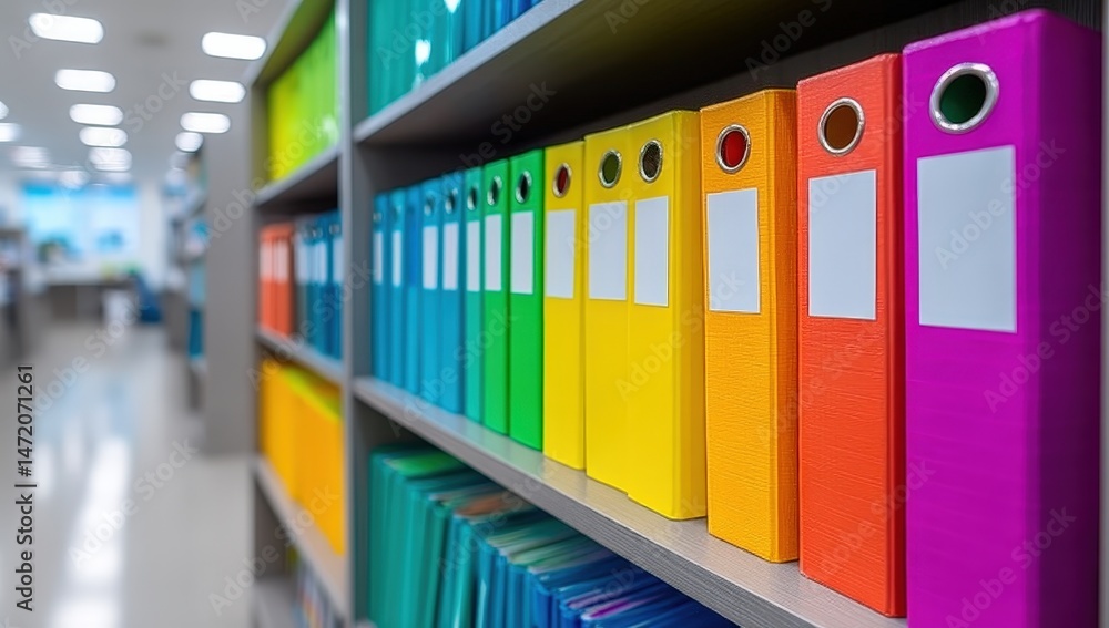 Poster colorful file cabinet with document folders in a modern office environment for organized medical rec