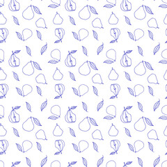 Seamless pattern with blue pears. Hand-drawn fruits design for fabric, templates, wallpaper, menu, cards.