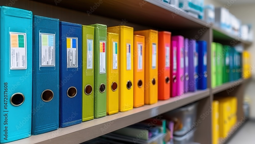 Poster organized medical records in colorful file cabinets for efficient documentation management in a heal