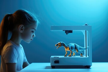 A young girl intently observes a 3D printed dinosaur under blue lighting, showcasing modern technology and childhood fascination.