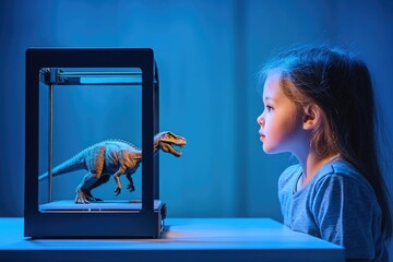 A curious girl gazes at a 3D printed dinosaur, bathed in a cool, futuristic blue light, sparking imagination and wonder.