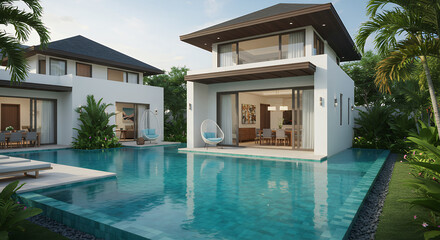 Fototapeta premium Tropical Oasis: Luxury Villa with Pool & Lush Gardens. Dream Getaway, Modern Architecture, Vacation Home Inspiration!