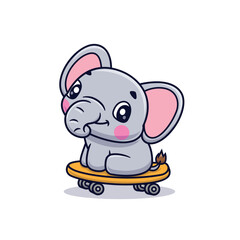 Cute Cartoon Elephant Playing Skateboard Illustration Icon Vector, Animals Sports, Cartoon Style Flat