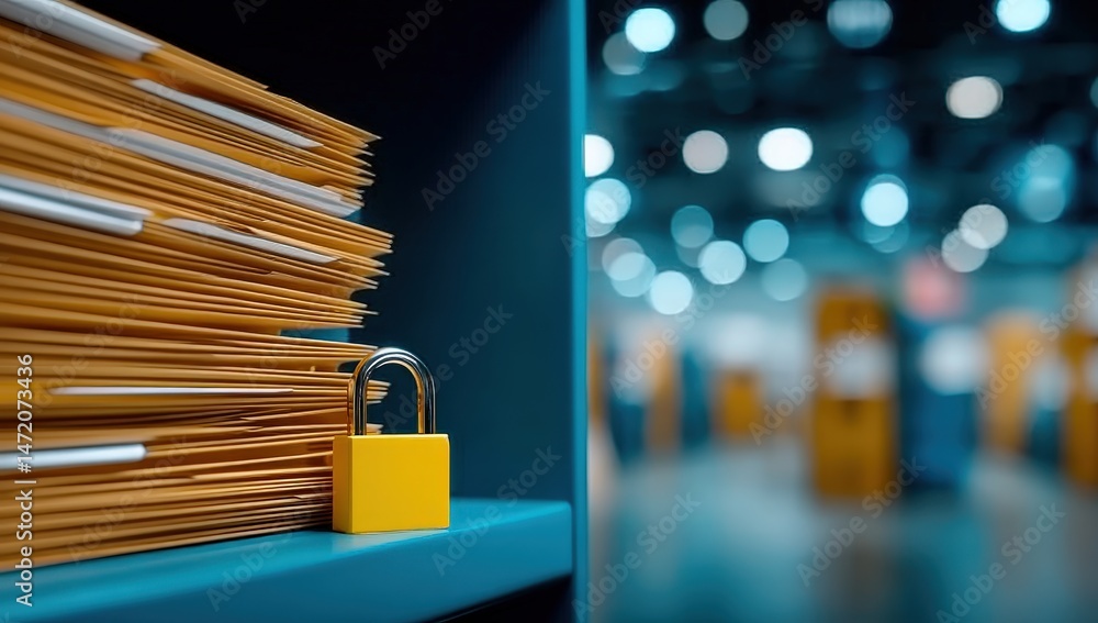 Poster secure medical records in file cabinet with yellow lock for data protection and patient privacy in m