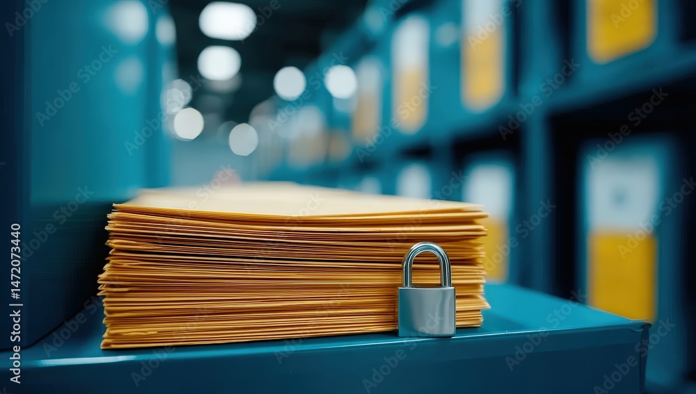 Poster stacked medical records in file cabinet with padlock for secure storage in office environment