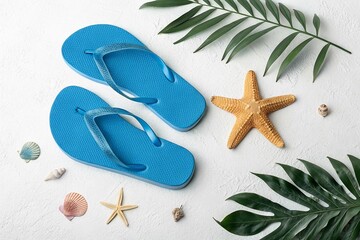 Plakat blue beach flip flops top view isolated on white background