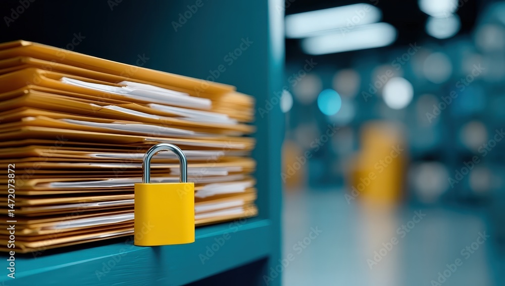 Poster secure storage of medical records in file cabinet with locked padlock protecting sensitive informati
