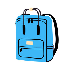 Blue backpack with rectangular shape, zippers and top handle, clean and modern look