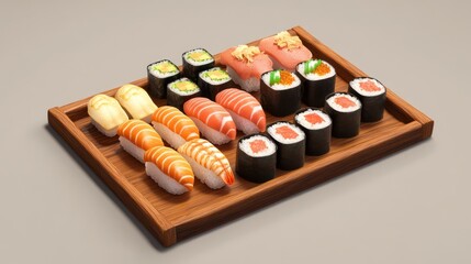 Assortment of sushi on a wooden tray