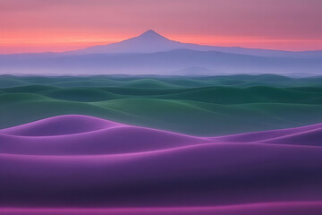Serene Sunset Hues Over Rolling Hills and Distant Peak
