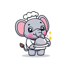 Cute Cartoon Elephant Chef Illustration Icon Vector, Animals Food, Cartoon Style Flat