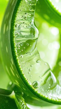 Close-up of fresh aloe vera slice with gel and bubbles