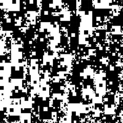 A high-contrast, abstract seamless pattern in black and white, featuring irregular, pixelated shapes that create a digital camouflage or noise-like texture.