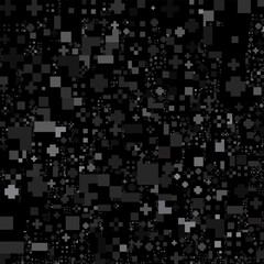 A dark, abstract seamless pattern composed of various sized black and gray squares and rectangles, creating a pixelated or digital noise texture.