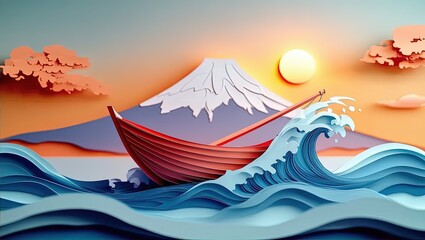 Boat Sailing Near Mountain Fuji with Waves
