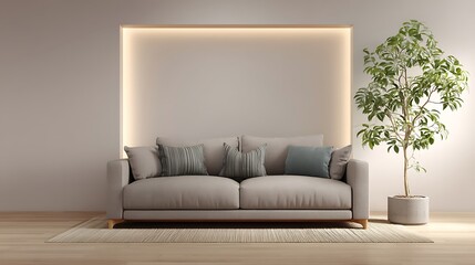 Neutral toned minimal setup featuring soft taupe sofa, empty gallery-style frame, hidden green-blue lighting