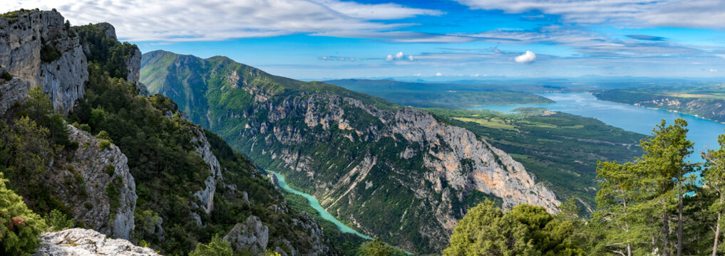 Aerial panoramic view of the Gorges du Verdon in Les Alpes de Haute Provence