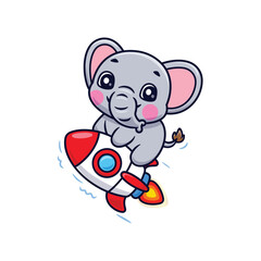 Cute Cartoon Elephant Riding Flying Rocket Illustration Icon Vector, Animals Technology, Cartoon Style Flat