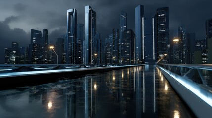 Naklejka premium Sleek Futuristic Cityscape with Towering Glass Architecture Under Night Sky
