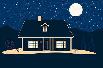 Naklejka premium Peaceful Night at a Cozy Suburban House Under the Moonlit Sky