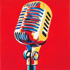 Vintage Microphone Design with Bold Colors on Red Background