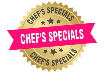chef's specials. chef's specials round pink and gold label isolated on transparent background