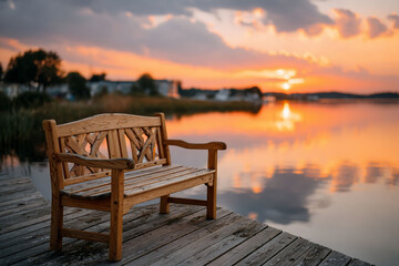 Wooden bench on dock at sunset