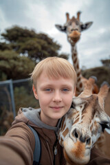 Boy Takes Selfie With Giraffe