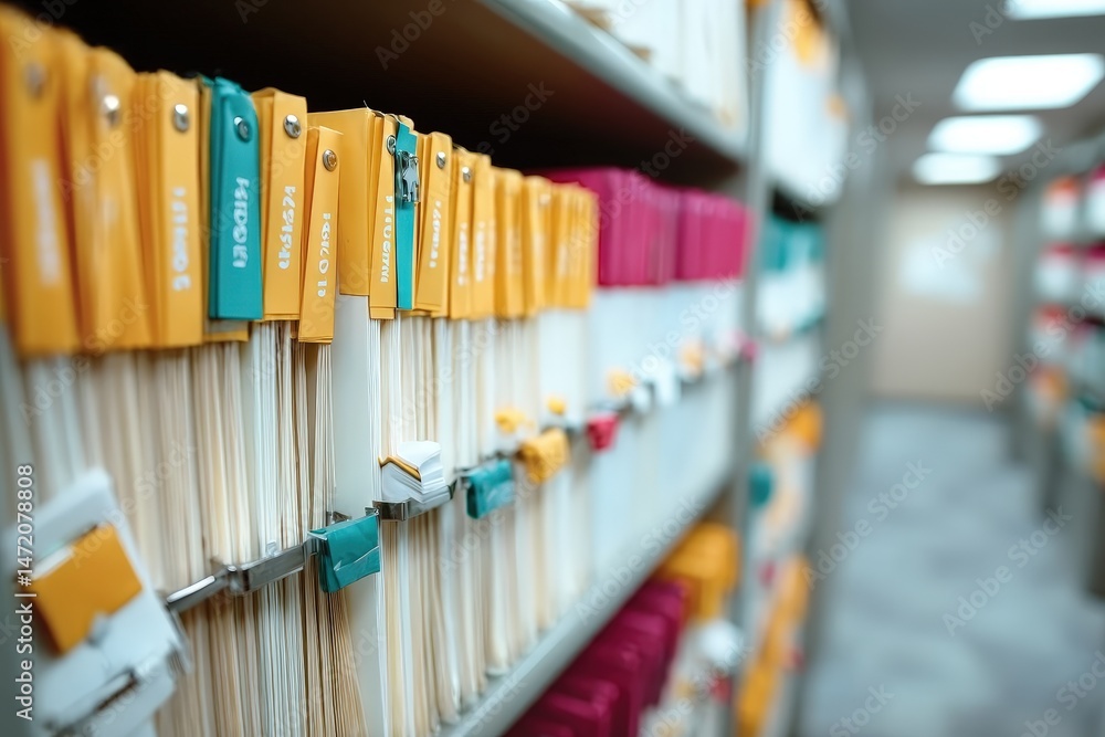 Poster organized file cabinet with color-coded medical records and documents in a medical office setting fo
