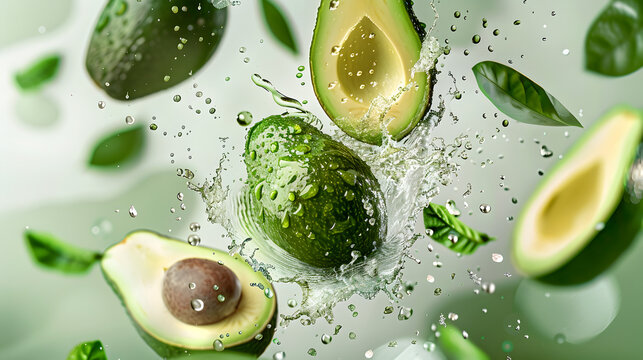 Avocado levitating and splashing on a light green background