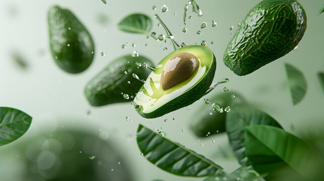 Avocado levitating and splashing on a light green background