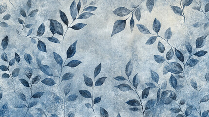 Beautiful illustration of blue leaves and branches on a subtly textured, light blue and grey background. Serene botanical pattern, ideal for design.