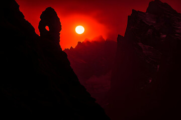 Crimson Sunset Silhouette: Rocky Mountain Majesty at Dusk