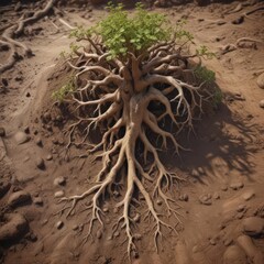Intricate root system emerging from soil, earthy hues, soil, ground, organic