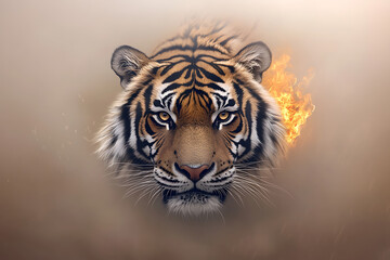 Fierce Tiger in Misty Haze with Fire