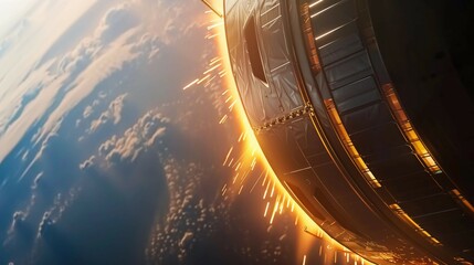 Obraz premium Spacecraft reentering Earths atmosphere with glowing heat shield and fiery plasma trail. Dramatic space exploration, orbital descent, and aerospace technology concepts.