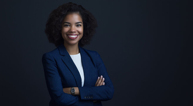 Retrato de uma empres&aacute;ria sorridente, uma mulher profissional e confiante em terno azul, isolada