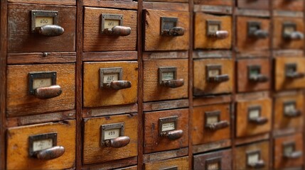 Vintage Wooden File Cabinet with Small Drawers for Organizing Medical Records in an Old Office or Archive Environment