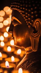 Obraz premium Serene Buddha Statue Illuminated by Candlelight in Soft Glow
