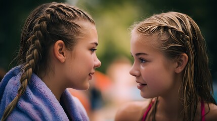 Fototapeta premium Two girls braiding each other's wet hair beside the pool, summer moment
