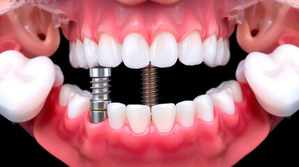 Obraz premium Dental implant treatment in the aesthetic region of the front teeth in jaw surgery and dental dentistry. Intraoral bone-integrated dental implant treatment with bone grafting.