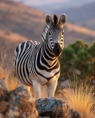Obraz premium Zebra stands on rocks, tall dry grass and hilly background with golden light