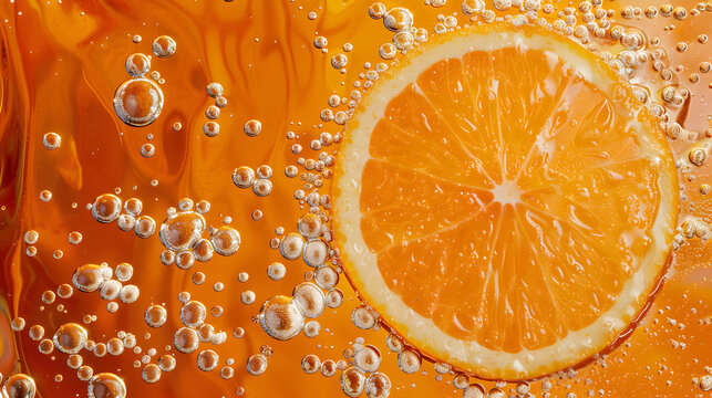 Macro shot of an orange slice in water with water bubbles on a light background with space for text