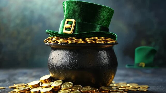 Celebrating St. Patrick's Day: A Leprechaun's Pot of Gold and Green Hat Still Life