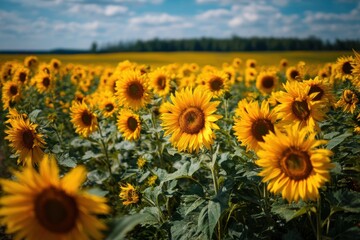 Fototapeta premium A field of sunflowers under a clear blue sky radiating happiness